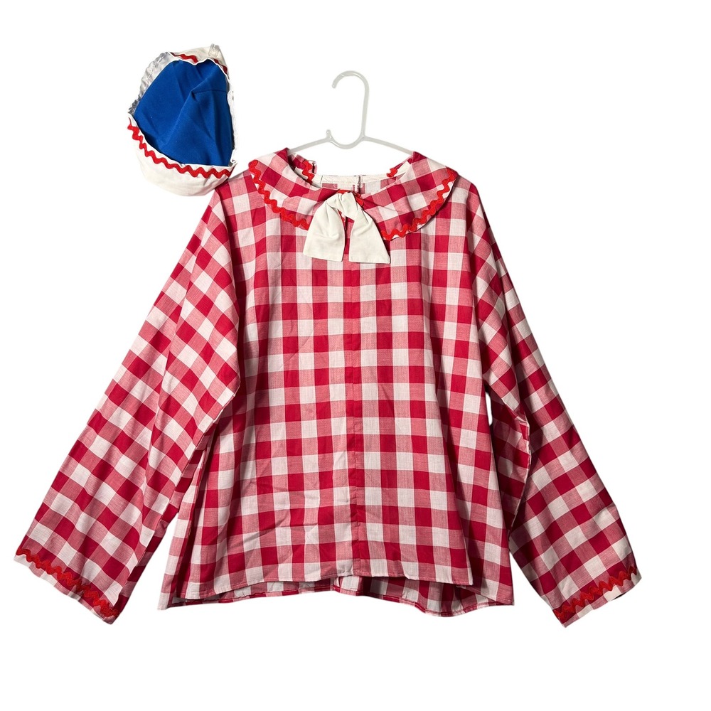 Vintage Handmade Gingham Costume Red White Checkered Top & Hat XL-2X Raggedy Ann